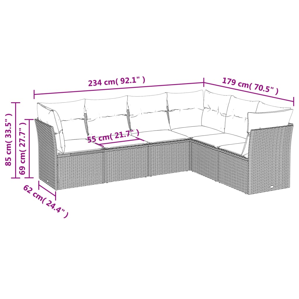 6-tlg. Garten-Sofagarnitur mit Kissen Hellgrau Poly Rattan