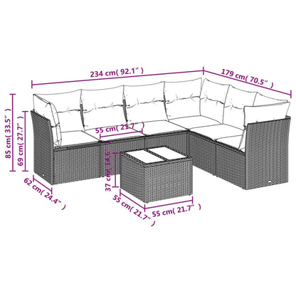 7-tlg. Garten-Sofagarnitur mit Kissen Hellgrau Poly Rattan