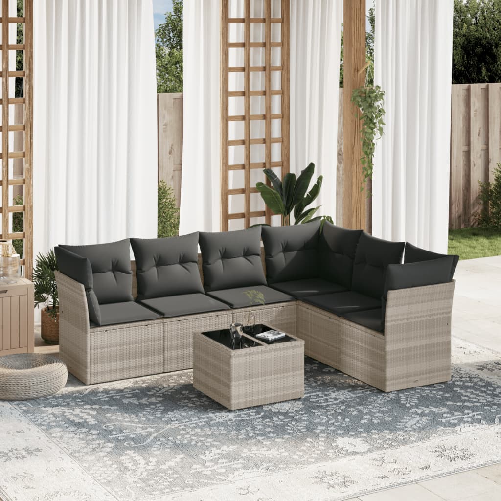 7-tlg. Garten-Sofagarnitur mit Kissen Hellgrau Poly Rattan