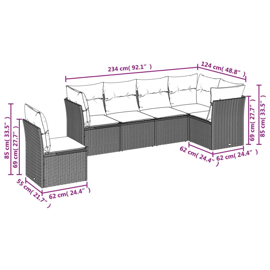 6-tlg. Garten-Sofagarnitur mit Kissen Hellgrau Poly Rattan