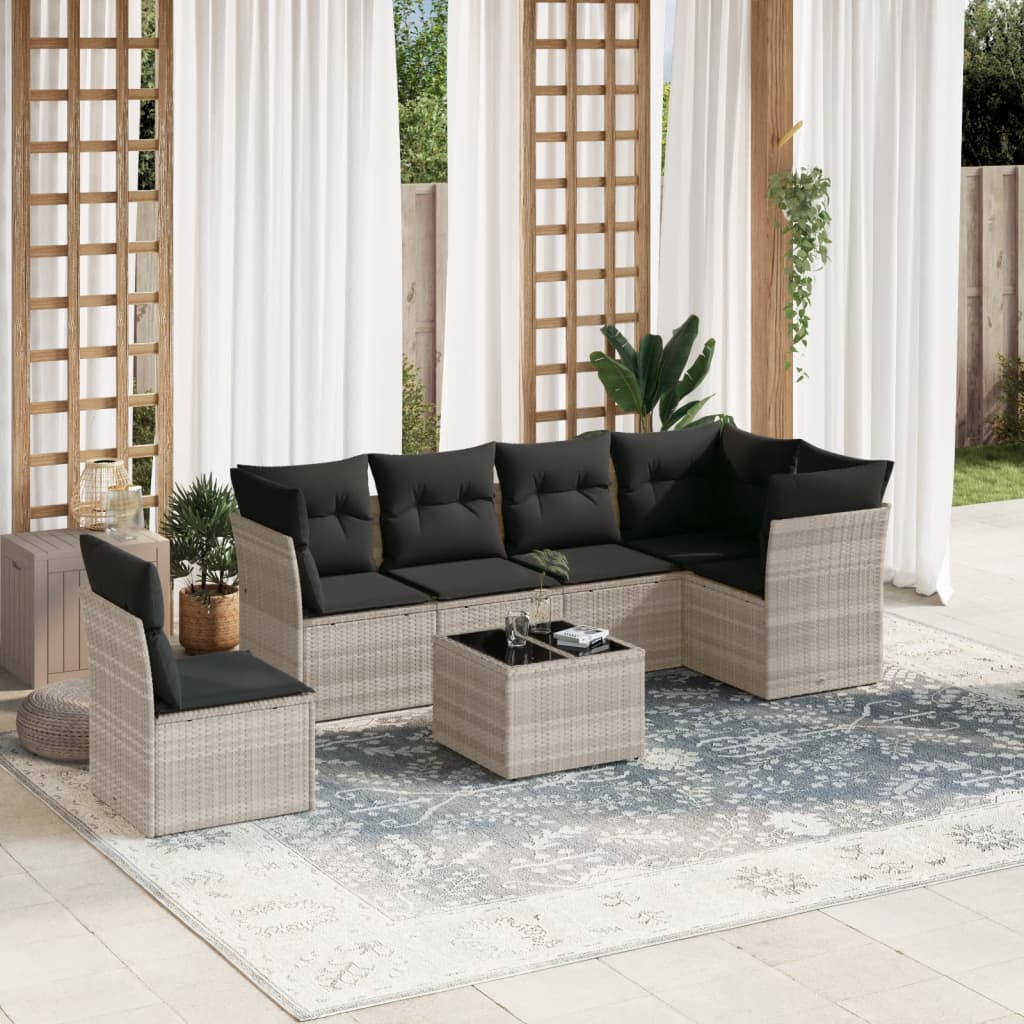 7-tlg. Garten-Sofagarnitur mit Kissen Hellgrau Poly Rattan