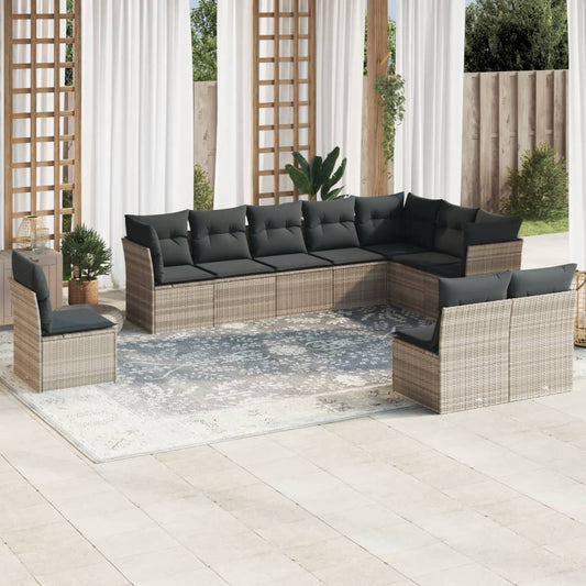 10-tlg. Garten-Sofagarnitur mit Kissen Hellgrau Poly Rattan