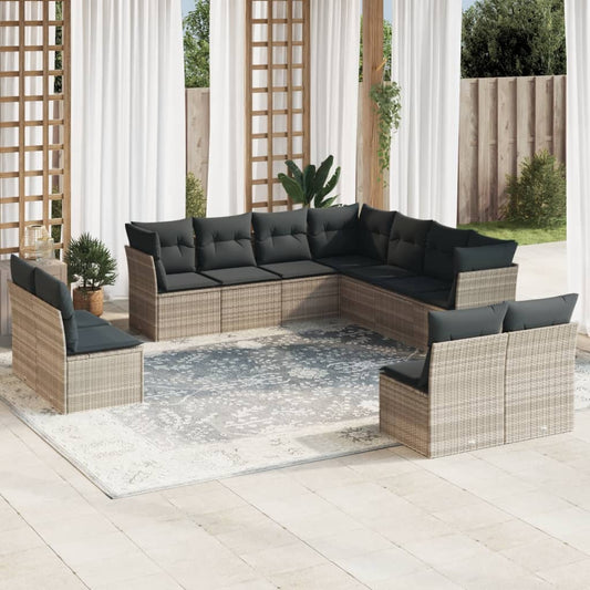 11-tlg. Garten-Sofagarnitur mit Kissen Hellgrau Poly Rattan