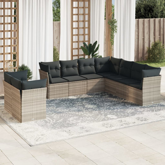 9-tlg. Garten-Sofagarnitur mit Kissen Hellgrau Poly Rattan