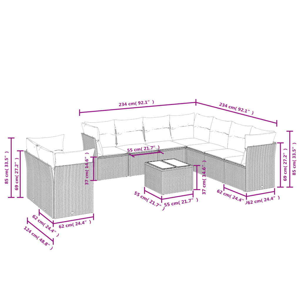 10-tlg. Garten-Sofagarnitur mit Kissen Hellgrau Poly Rattan