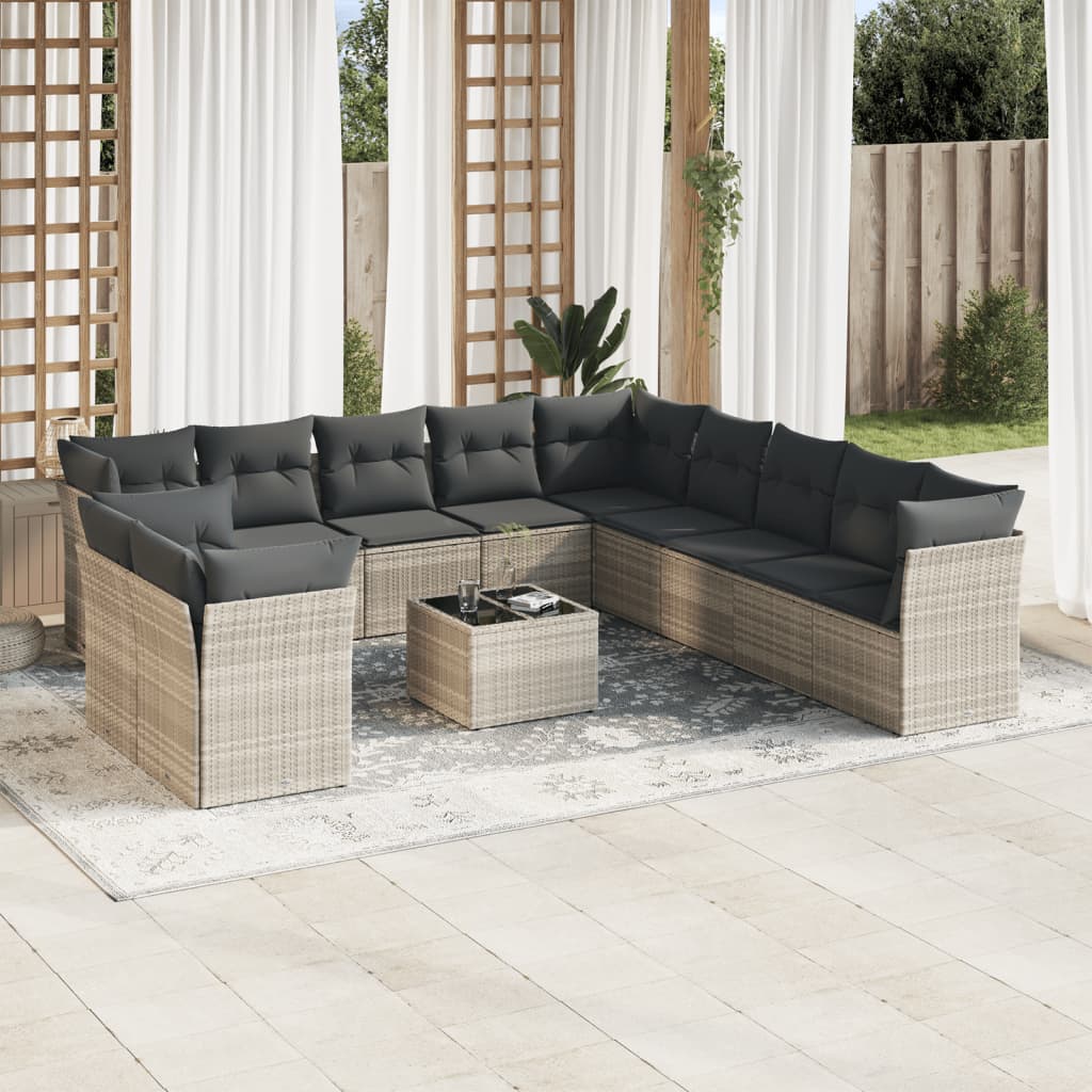 12-tlg. Garten-Sofagarnitur mit Kissen Hellgrau Poly Rattan