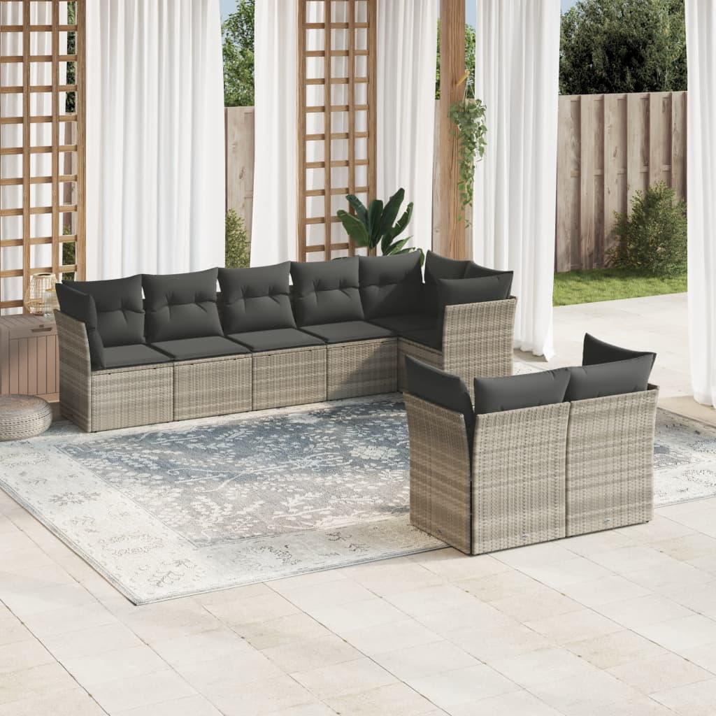 8-tlg. Garten-Sofagarnitur mit Kissen Hellgrau Poly Rattan