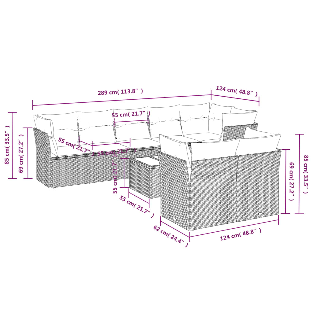 9-tlg. Garten-Sofagarnitur mit Kissen Hellgrau Poly Rattan