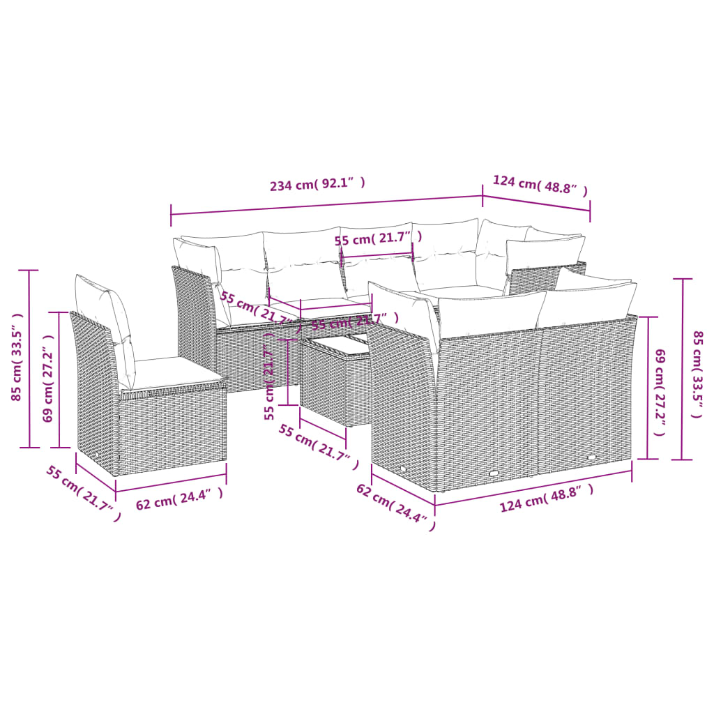 9-tlg. Garten-Sofagarnitur mit Kissen Hellgrau Poly Rattan