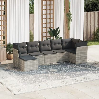 7-tlg. Garten-Sofagarnitur mit Kissen Hellgrau Poly Rattan