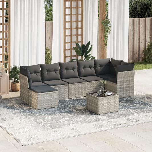 8-tlg. Garten-Sofagarnitur mit Kissen Hellgrau Poly Rattan