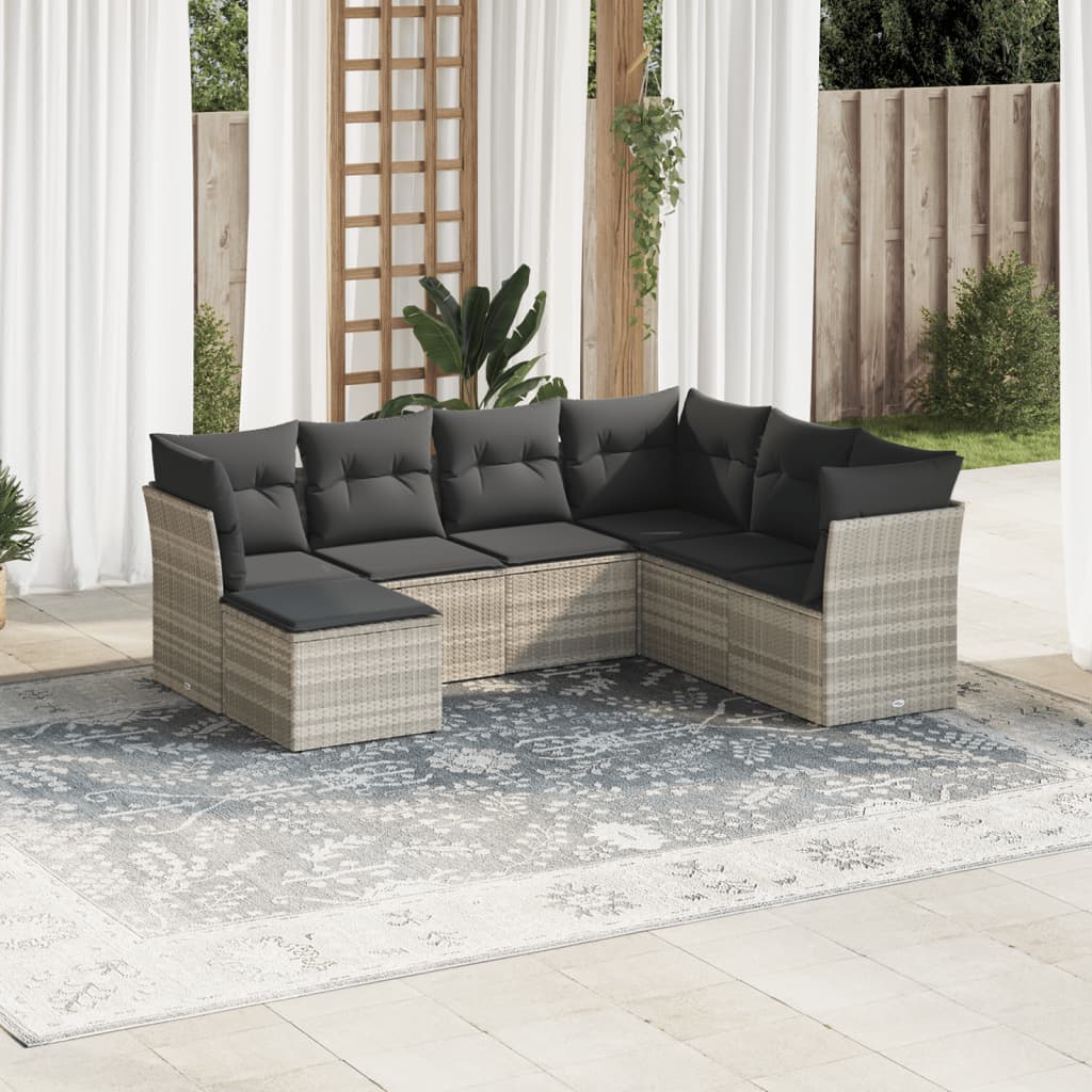 7-tlg. Garten-Sofagarnitur mit Kissen Hellgrau Poly Rattan