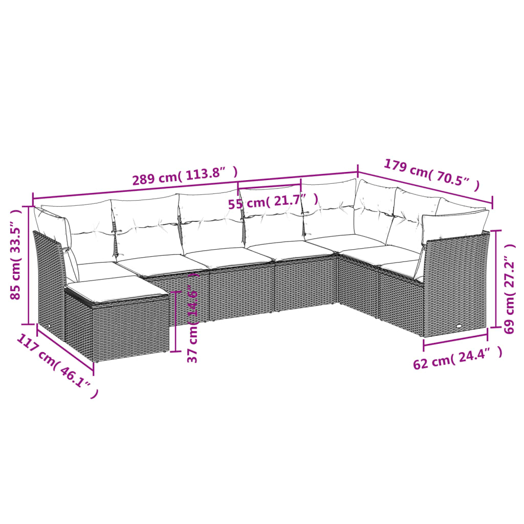 8-tlg. Garten-Sofagarnitur mit Kissen Hellgrau Poly Rattan