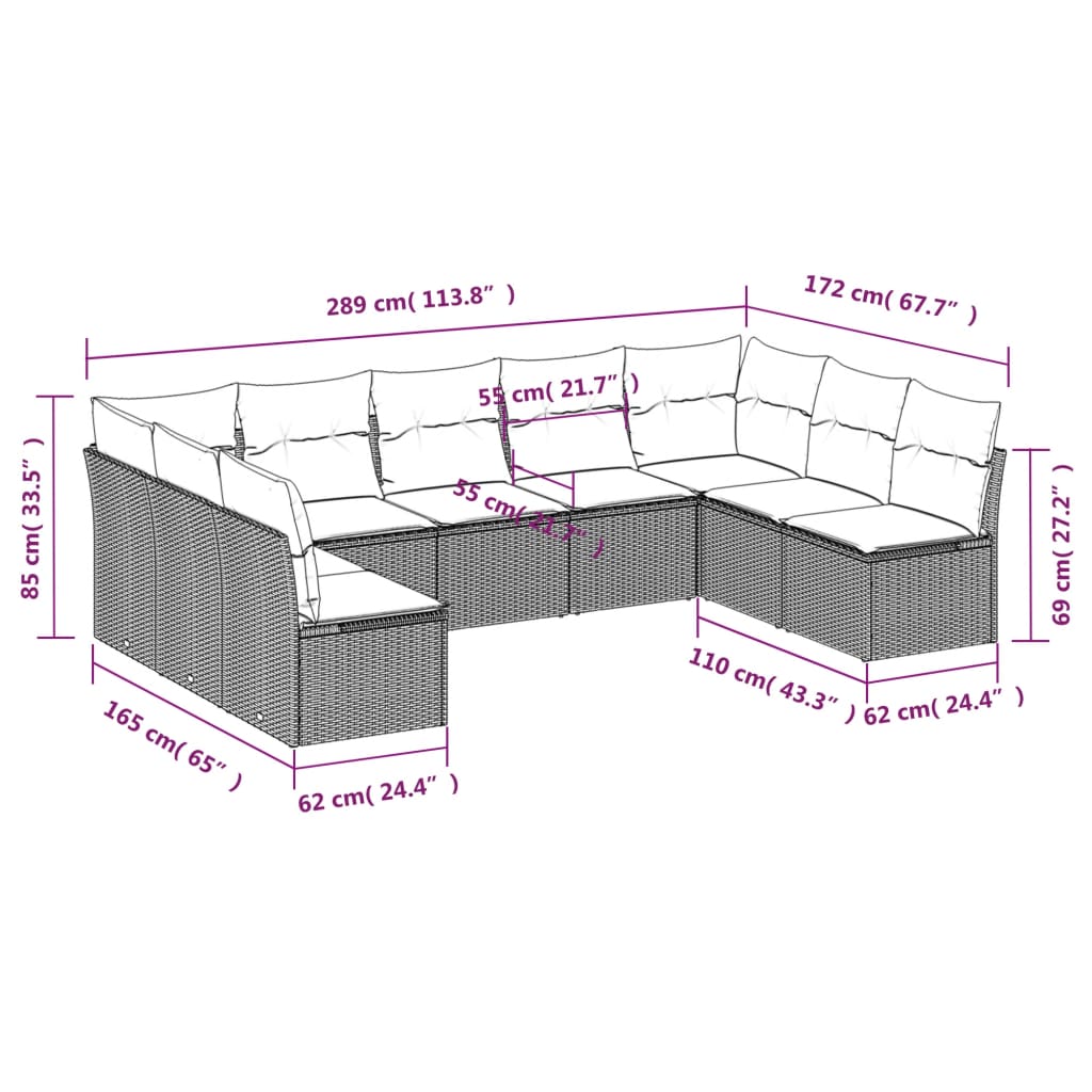 9-tlg. Garten-Sofagarnitur mit Kissen Hellgrau Poly Rattan