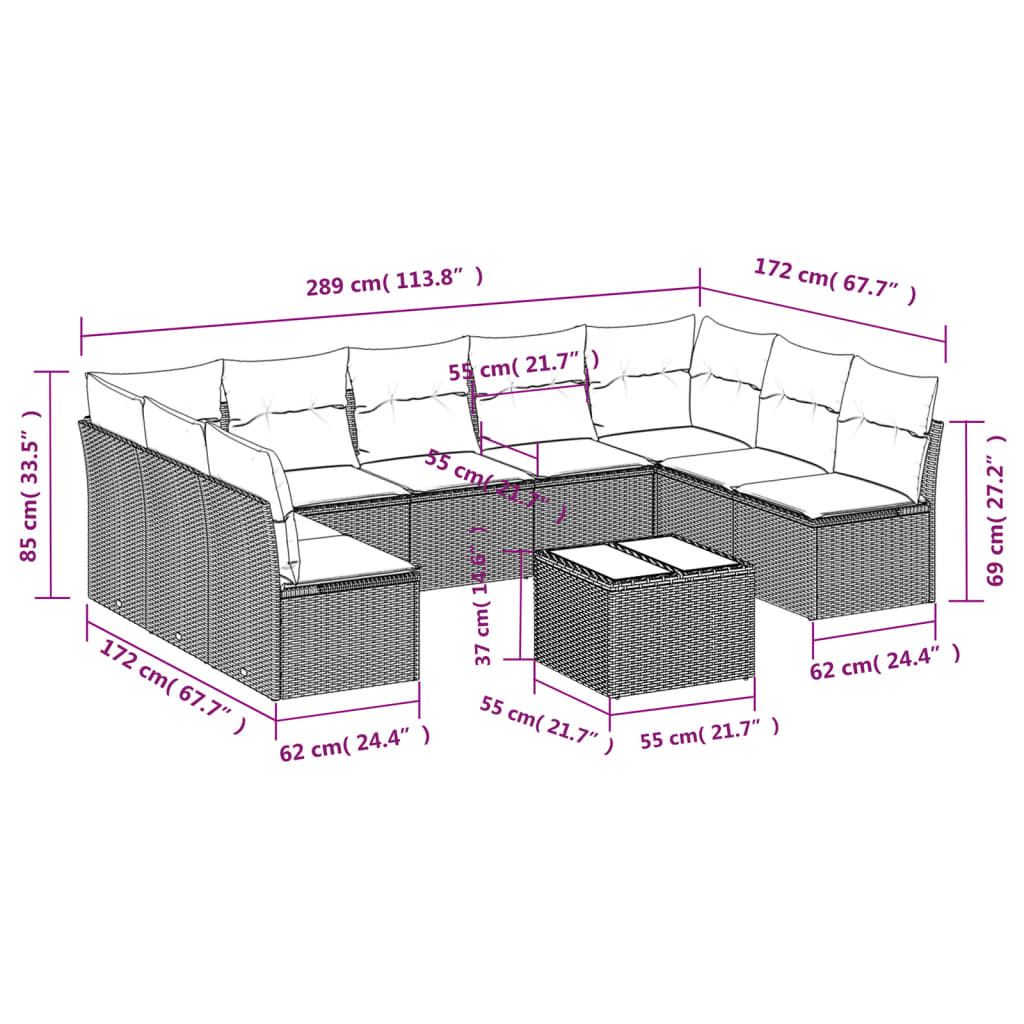 10-tlg. Garten-Sofagarnitur mit Kissen Hellgrau Poly Rattan