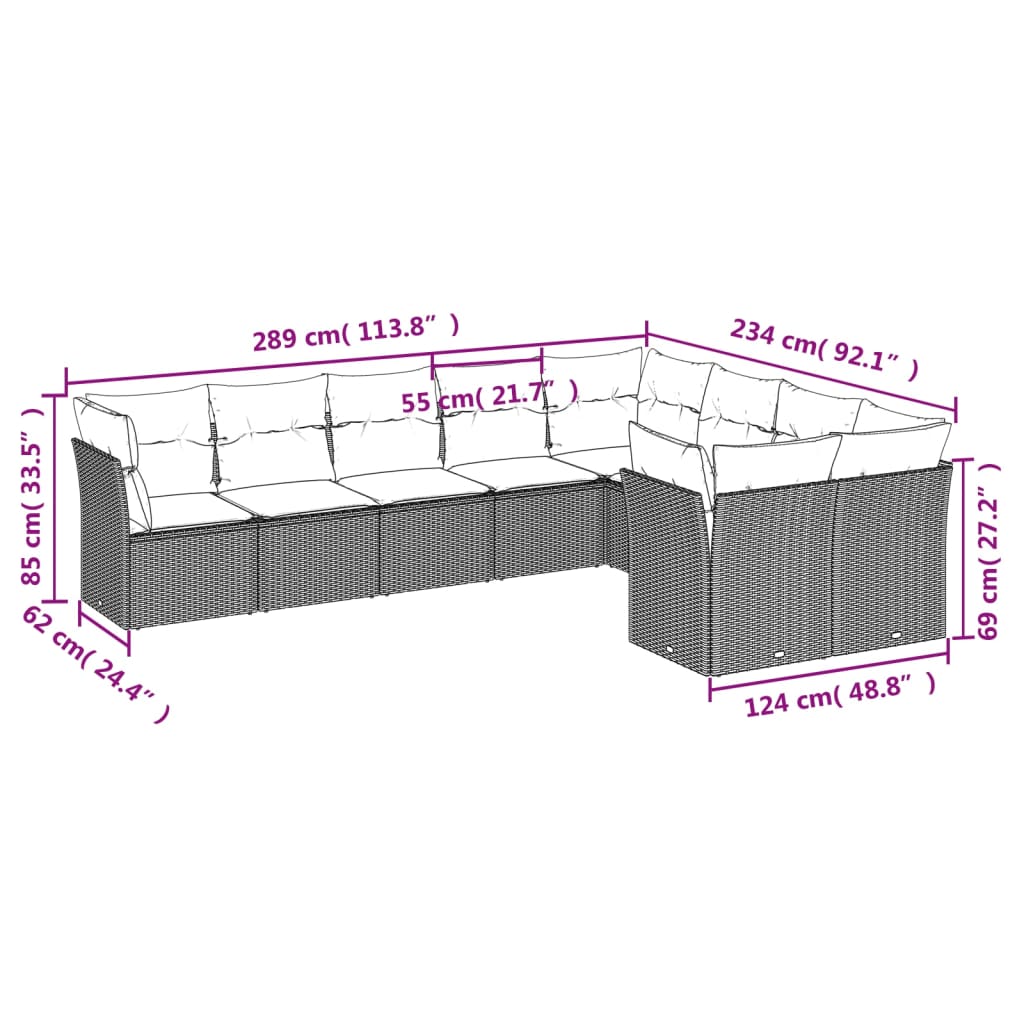 9-tlg. Garten-Sofagarnitur mit Kissen Hellgrau Poly Rattan