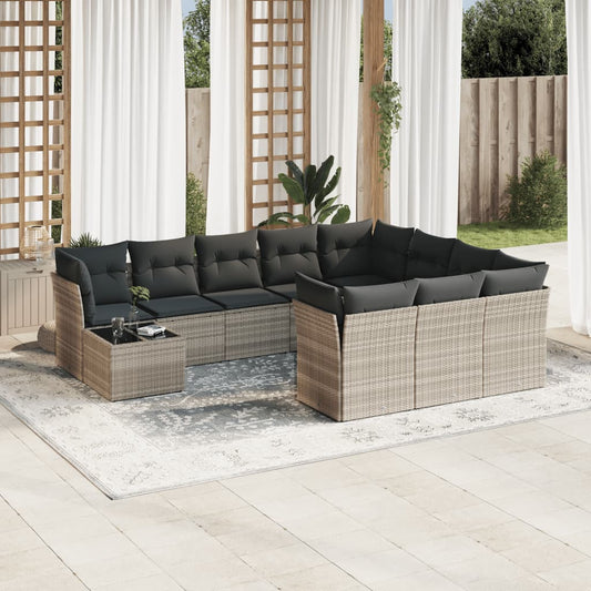 11-tlg. Garten-Sofagarnitur mit Kissen Hellgrau Poly Rattan