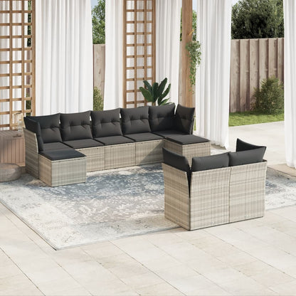 9-tlg. Garten-Sofagarnitur mit Kissen Hellgrau Poly Rattan