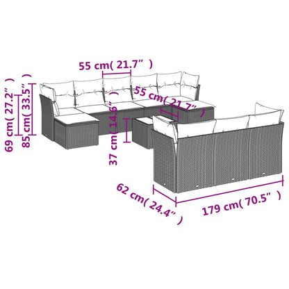 10-tlg. Garten-Sofagarnitur mit Kissen Hellgrau Poly Rattan