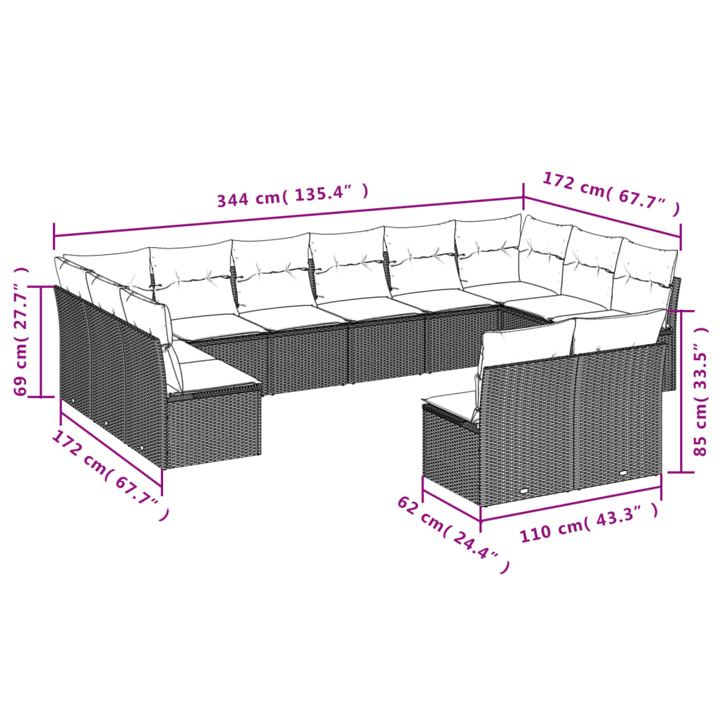 12-tlg. Garten-Sofagarnitur mit Kissen Hellgrau Poly Rattan