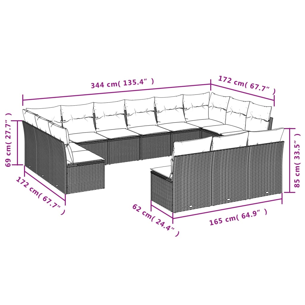 13-tlg. Garten-Sofagarnitur mit Kissen Hellgrau Poly Rattan