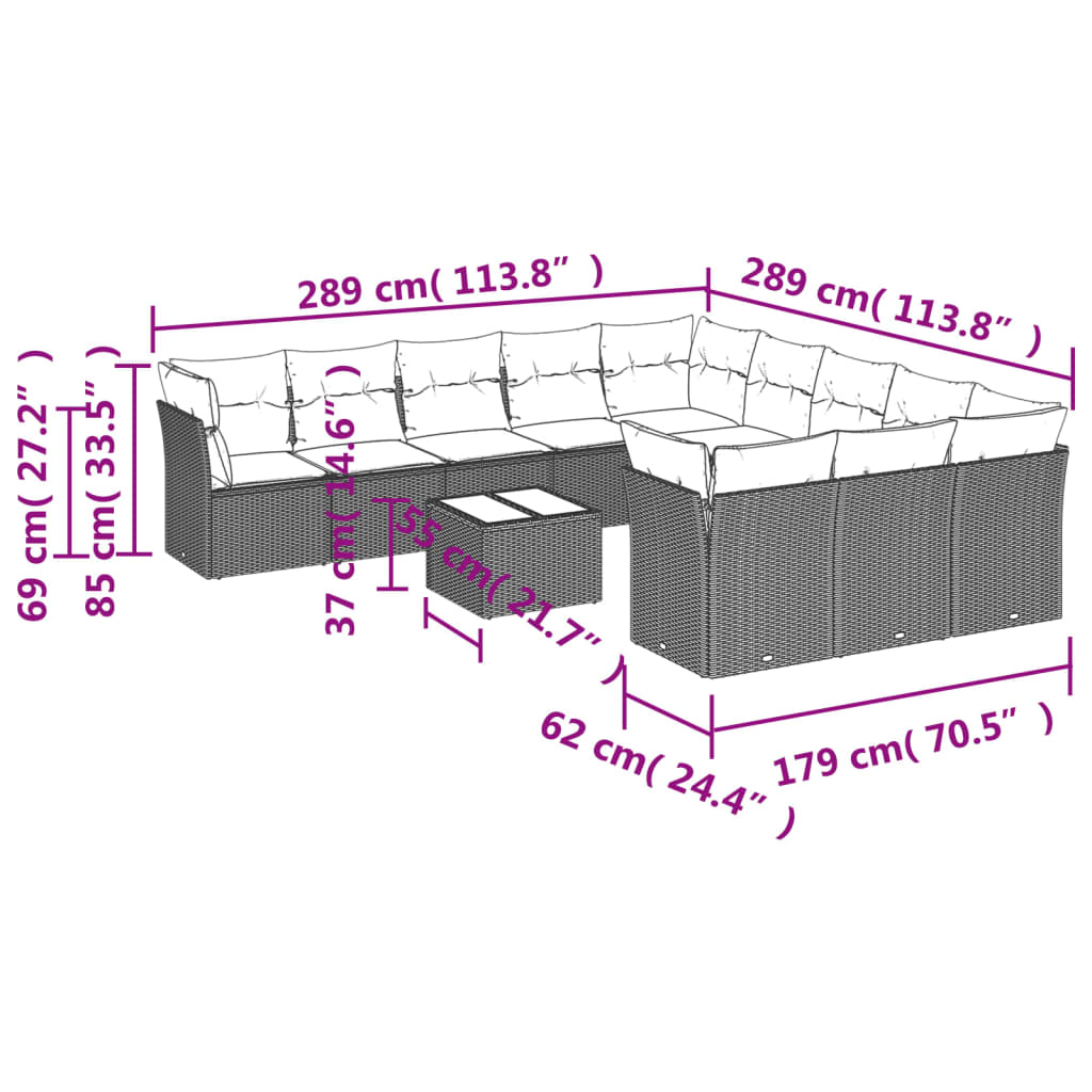 12-tlg. Garten-Sofagarnitur mit Kissen Hellgrau Poly Rattan