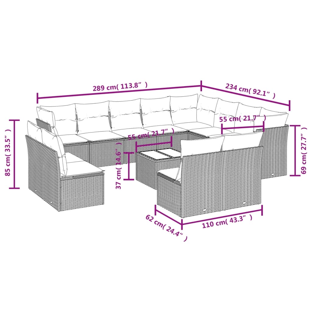 13-tlg. Garten-Sofagarnitur mit Kissen Hellgrau Poly Rattan