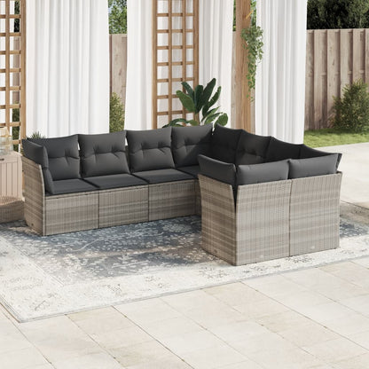 8-tlg. Garten-Sofagarnitur mit Kissen Hellgrau Poly Rattan