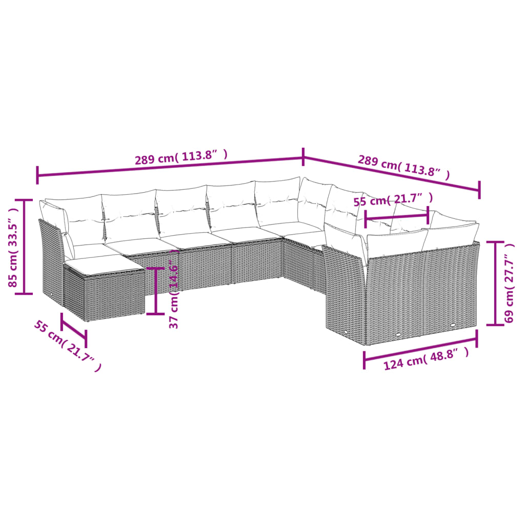 11-tlg. Garten-Sofagarnitur mit Kissen Hellgrau Poly Rattan