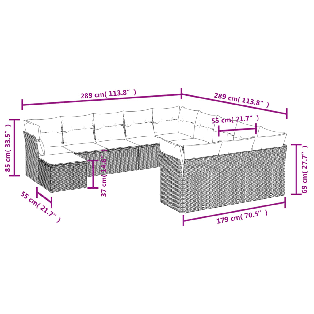 12-tlg. Garten-Sofagarnitur mit Kissen Hellgrau Poly Rattan