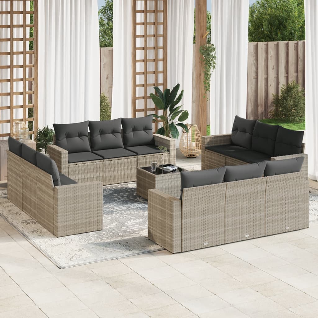 13-tlg. Garten-Sofagarnitur mit Kissen Hellgrau Poly Rattan