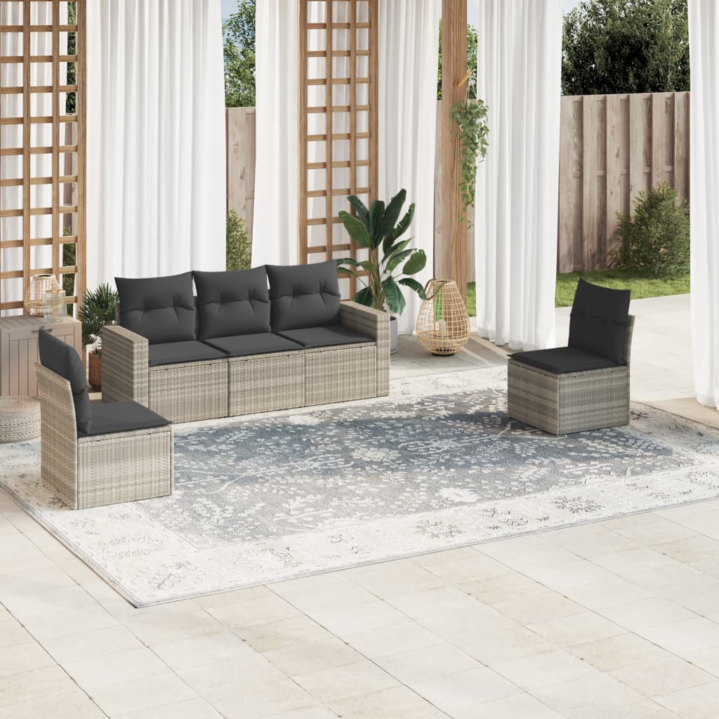 5-tlg. Garten-Sofagarnitur mit Kissen Hellgrau Poly Rattan