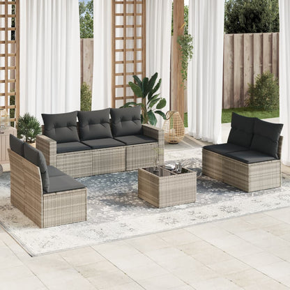 8-tlg. Garten-Sofagarnitur mit Kissen Hellgrau Poly Rattan