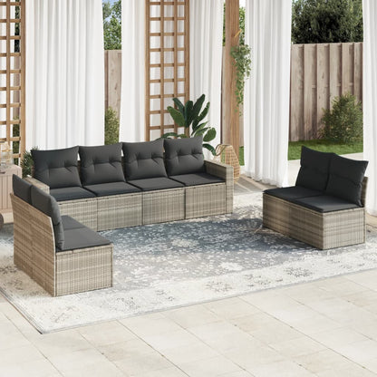 9-tlg. Garten-Sofagarnitur mit Kissen Hellgrau Poly Rattan