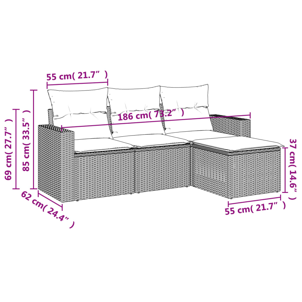 4-tlg. Garten-Sofagarnitur mit Kissen Hellgrau Poly Rattan