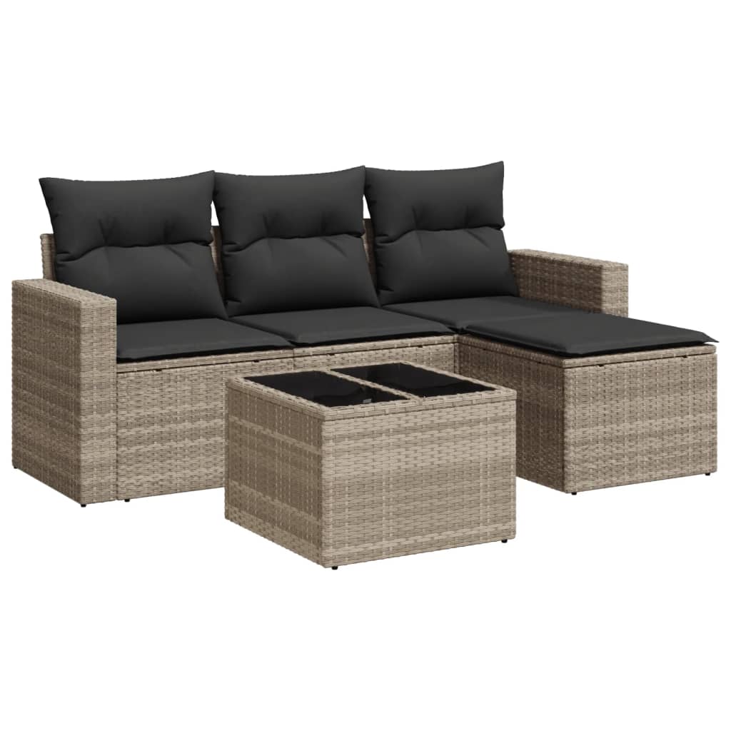 5-tlg. Garten-Sofagarnitur mit Kissen Hellgrau Poly Rattan