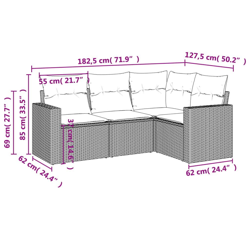 4-tlg. Garten-Sofagarnitur mit Kissen Hellgrau Poly Rattan