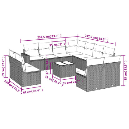 12-tlg. Garten-Sofagarnitur mit Kissen Hellgrau Poly Rattan