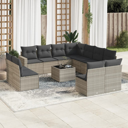 12-tlg. Garten-Sofagarnitur mit Kissen Hellgrau Poly Rattan