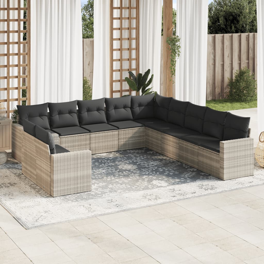 11-tlg. Garten-Sofagarnitur mit Kissen Hellgrau Poly Rattan