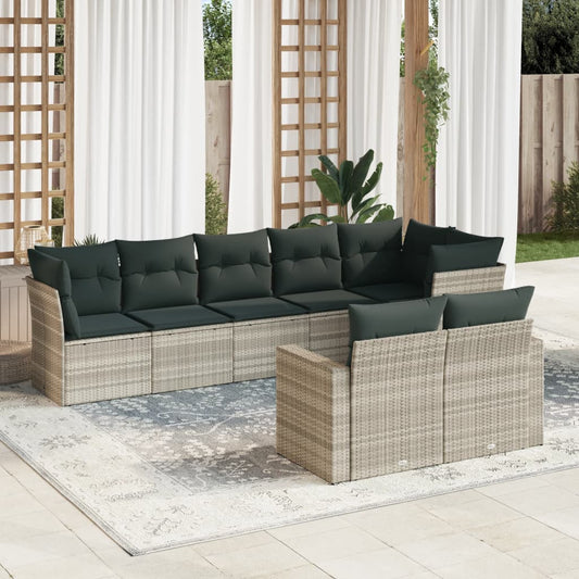 8-tlg. Garten-Sofagarnitur mit Kissen Hellgrau Poly Rattan