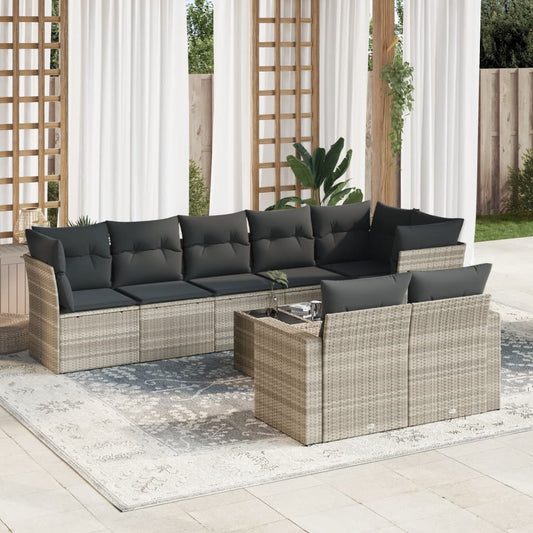 9-tlg. Garten-Sofagarnitur mit Kissen Hellgrau Poly Rattan