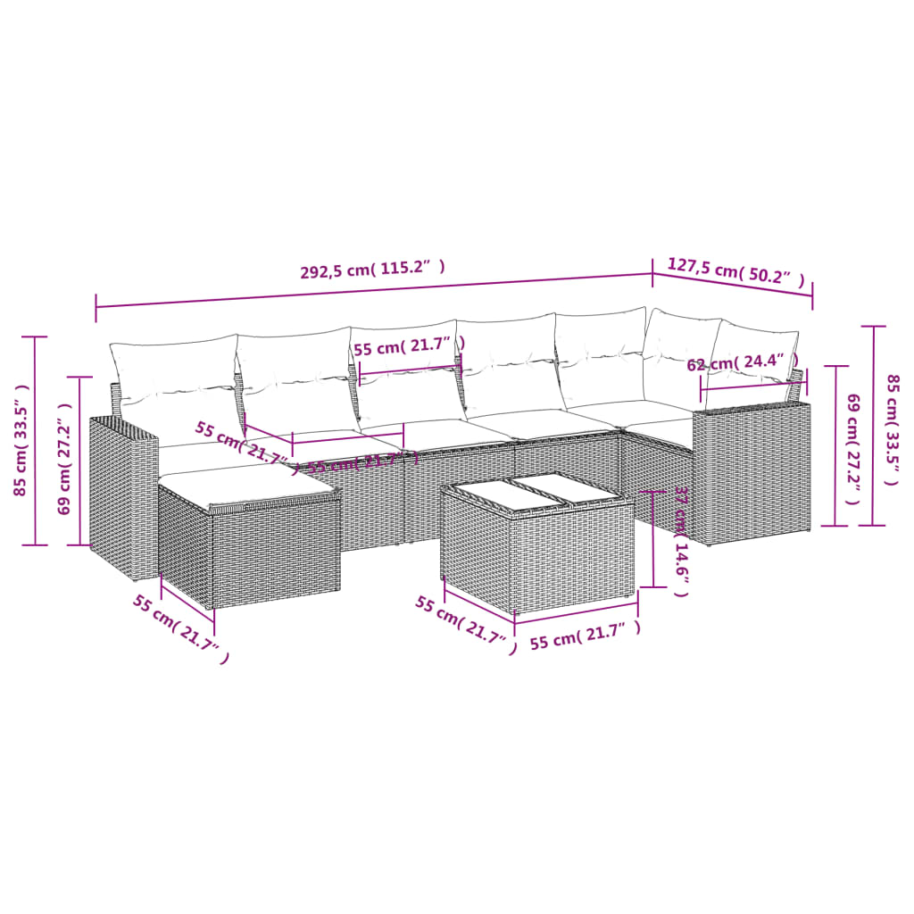 8-tlg. Garten-Sofagarnitur mit Kissen Hellgrau Poly Rattan