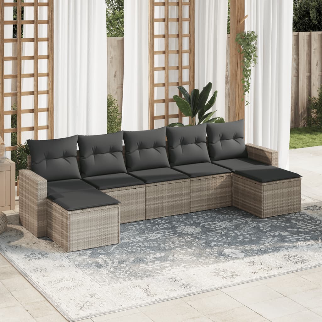 7-tlg. Garten-Sofagarnitur mit Kissen Hellgrau Poly Rattan