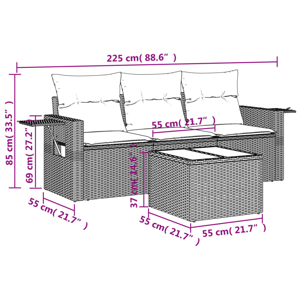 4-tlg. Garten-Sofagarnitur mit Kissen Hellgrau Poly Rattan