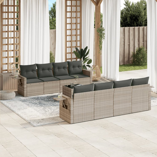 9-tlg. Garten-Sofagarnitur mit Kissen Hellgrau Poly Rattan