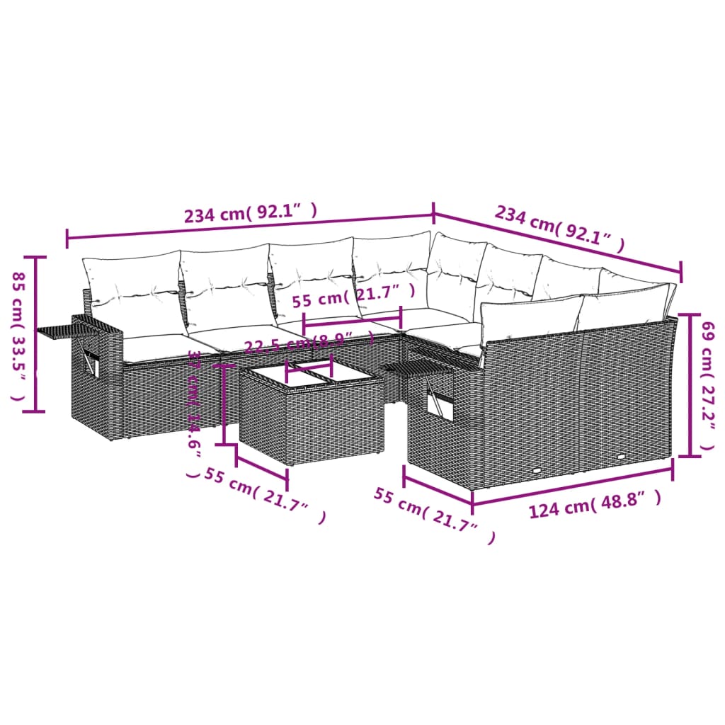 9-tlg. Garten-Sofagarnitur mit Kissen Hellgrau Poly Rattan