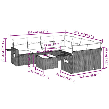 9-tlg. Garten-Sofagarnitur mit Kissen Hellgrau Poly Rattan