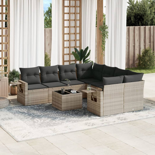 9-tlg. Garten-Sofagarnitur mit Kissen Hellgrau Poly Rattan