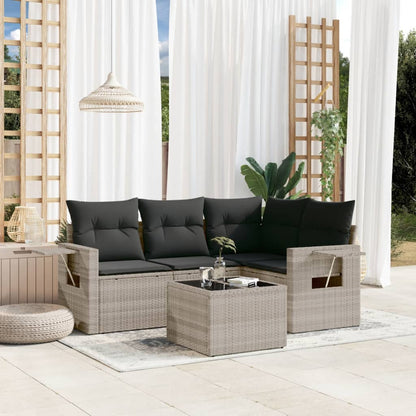 5-tlg. Garten-Sofagarnitur mit Kissen Hellgrau Poly Rattan